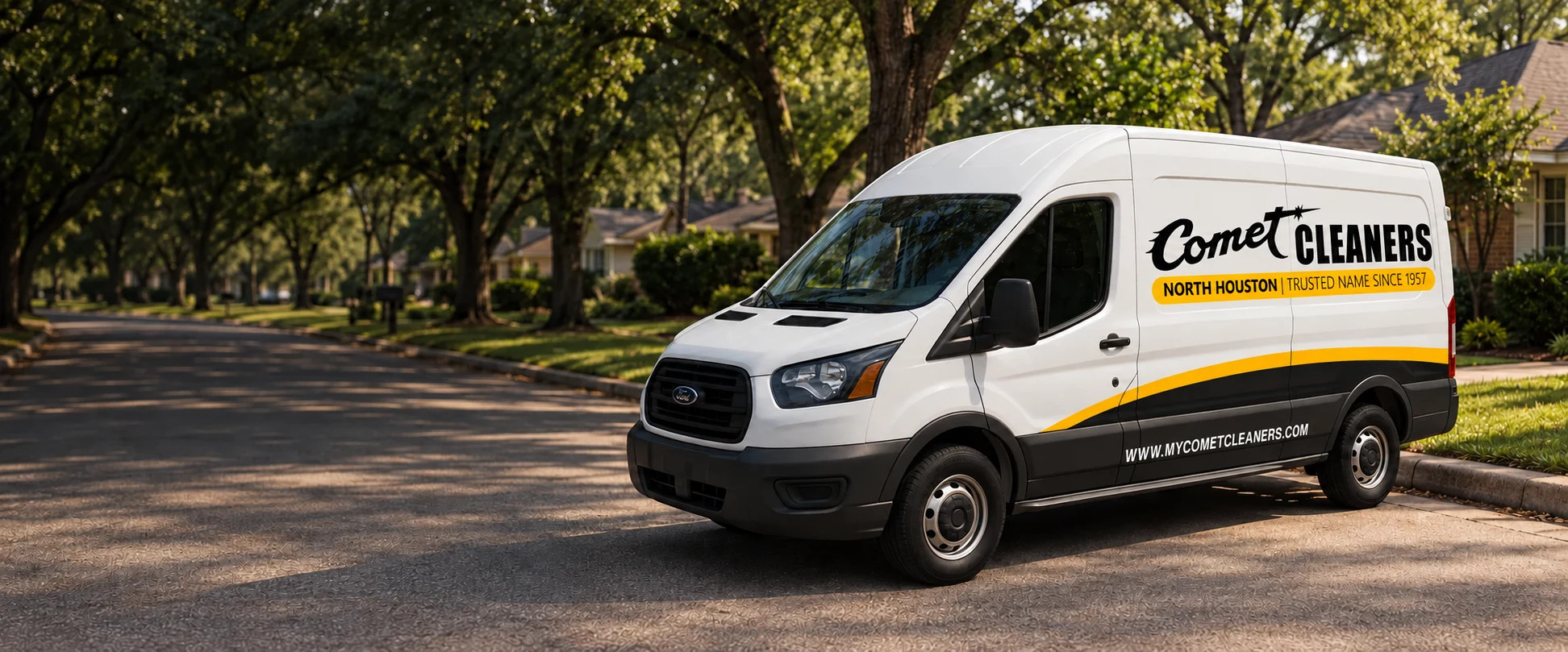 Comet Cleaners pickup and delivery van in a local neighborhood
