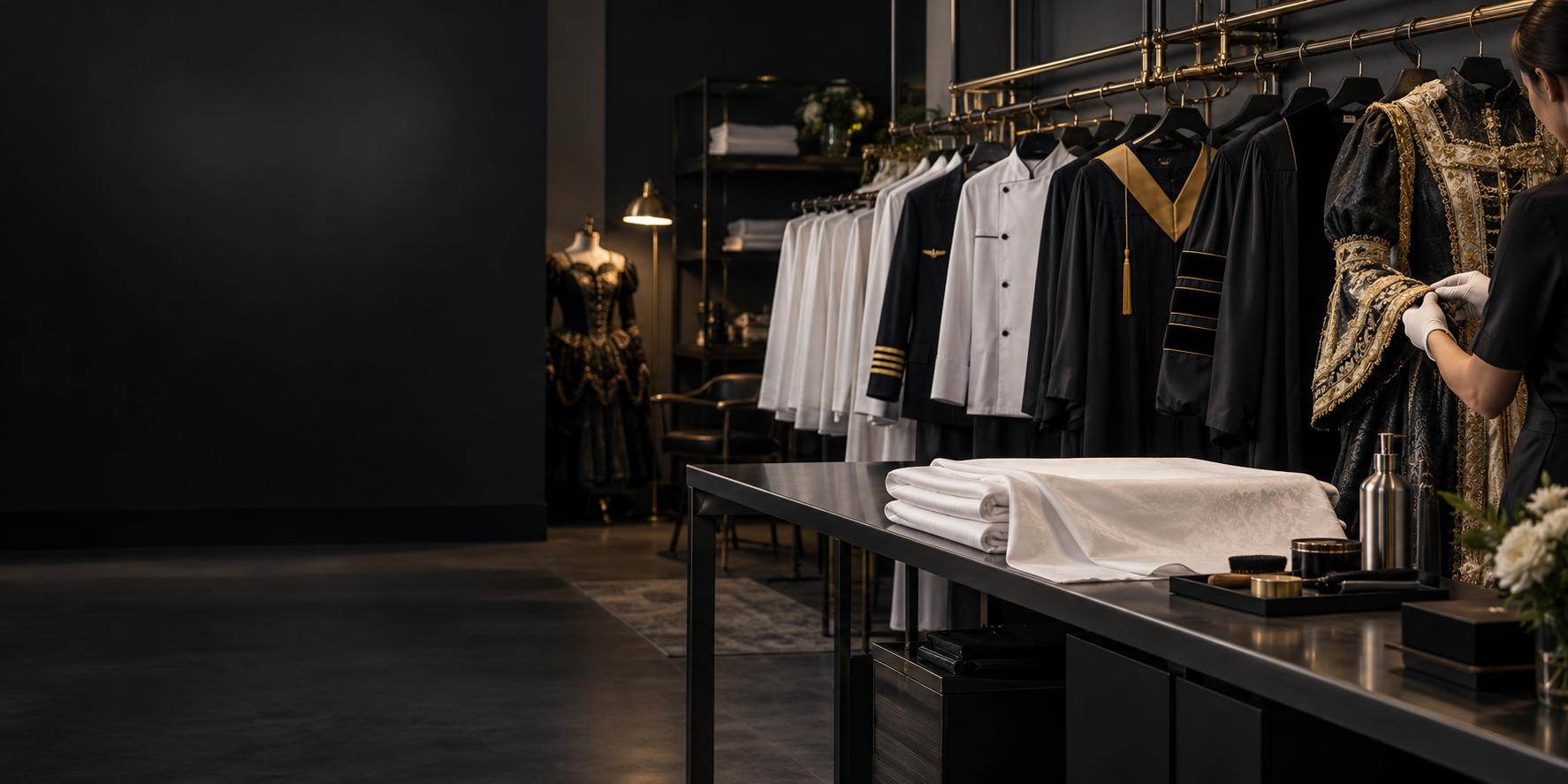 Commercial costumes, choir robes, uniforms and table linens prepared for professional garment care