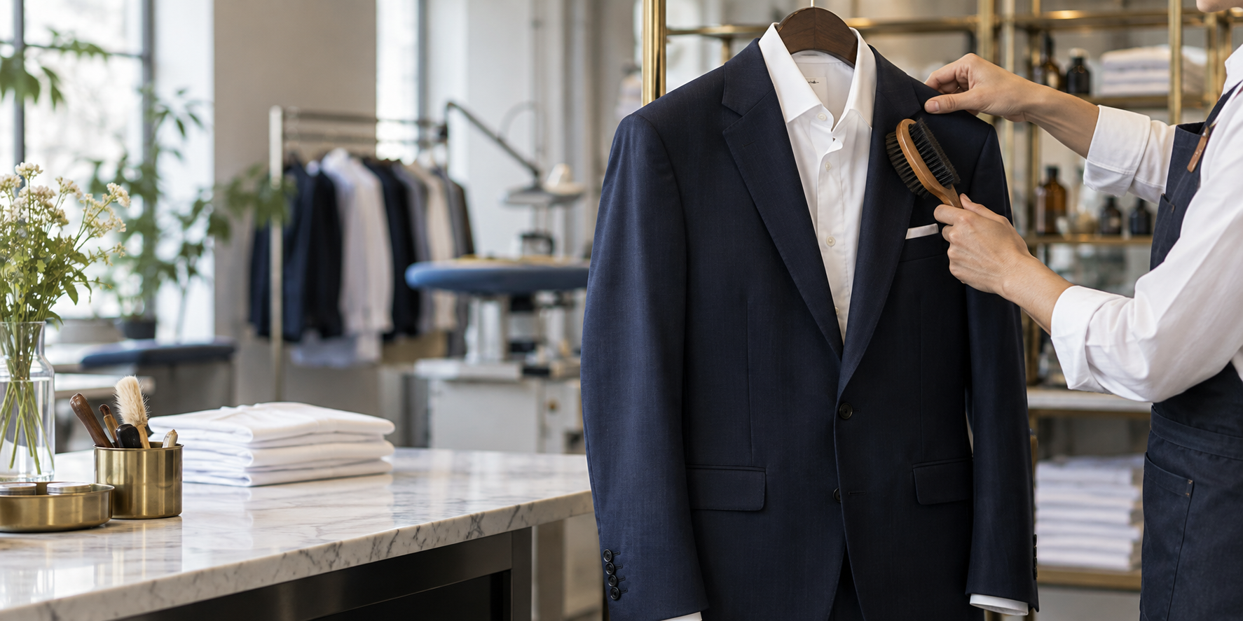 A garment-care professional carefully finishing a navy suit and white shirt