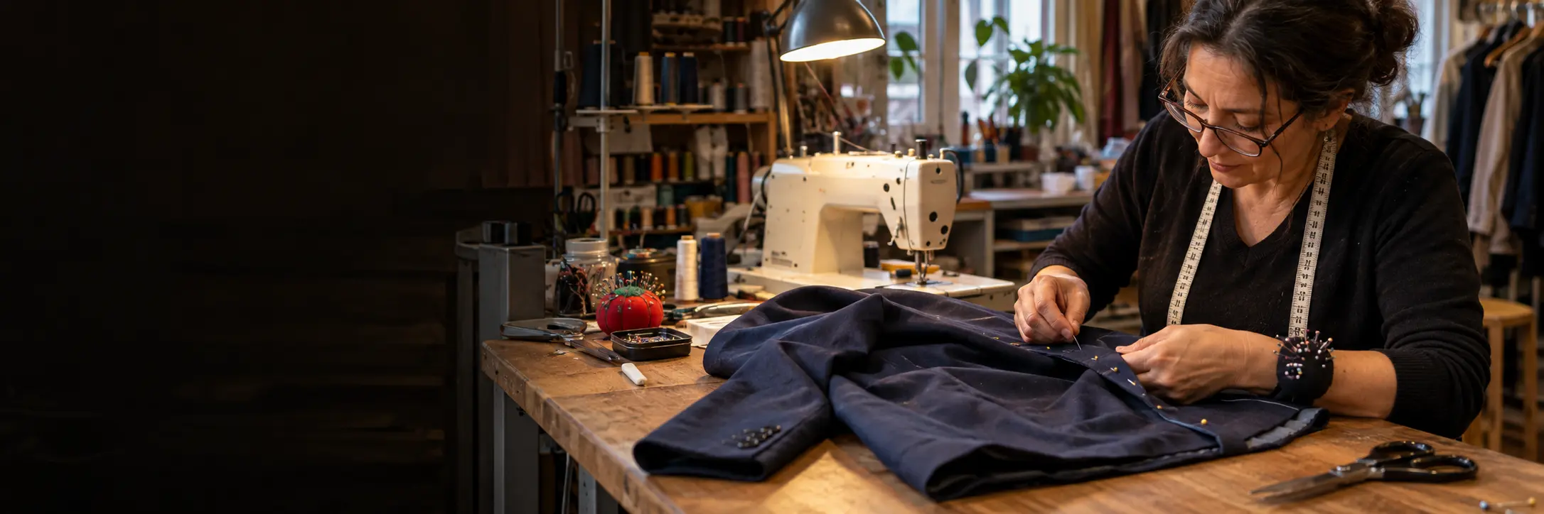 An experienced seamstress altering a jacket