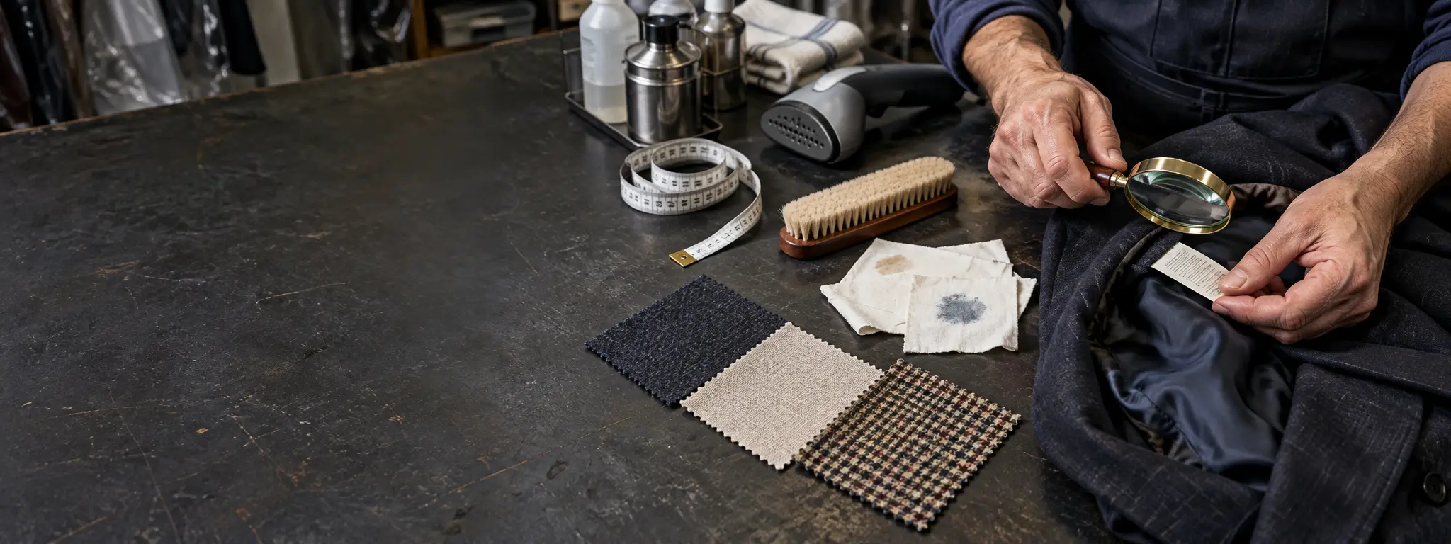 A garment-care specialist inspecting fabric, a care label and stain-testing cloths