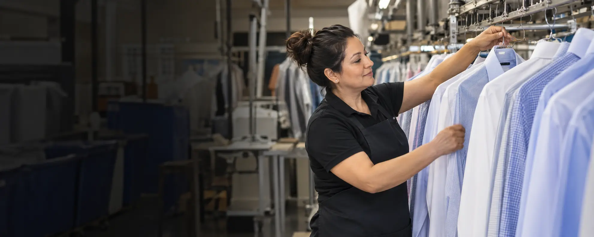 An employee arranging freshly pressed dress shirts