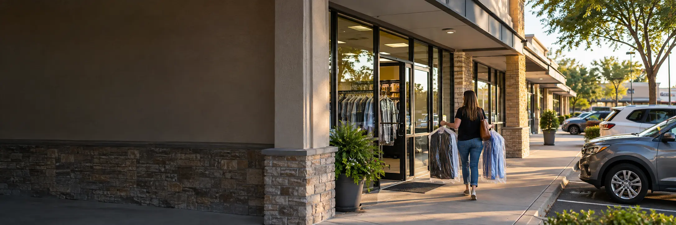 A customer arriving at a convenient neighborhood dry cleaner