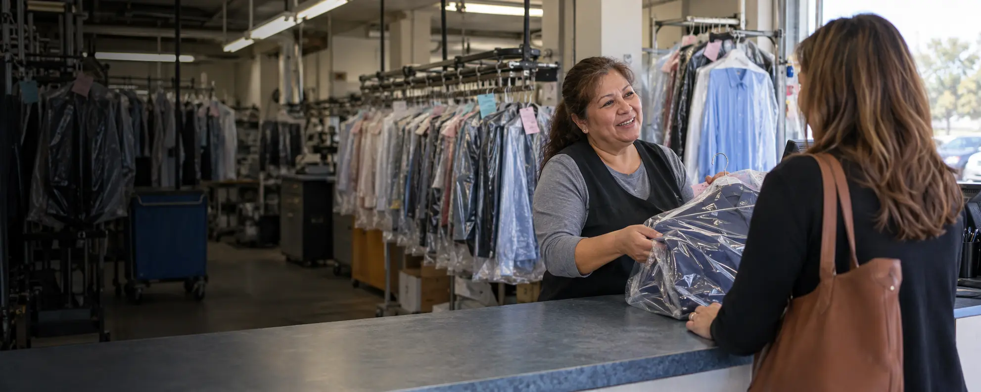 A friendly employee helping a customer at a neighborhood dry cleaner