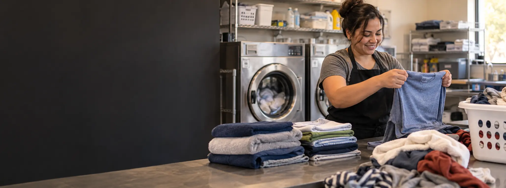 A garment-care professional sorting everyday laundry before washing and folding
